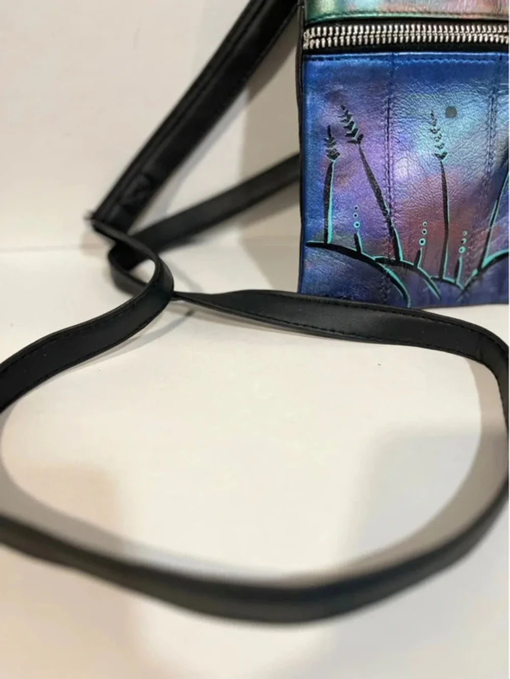 Vintage Sues Handpainted Crossbody Bag Purse Signed Metallic Blue 7”
